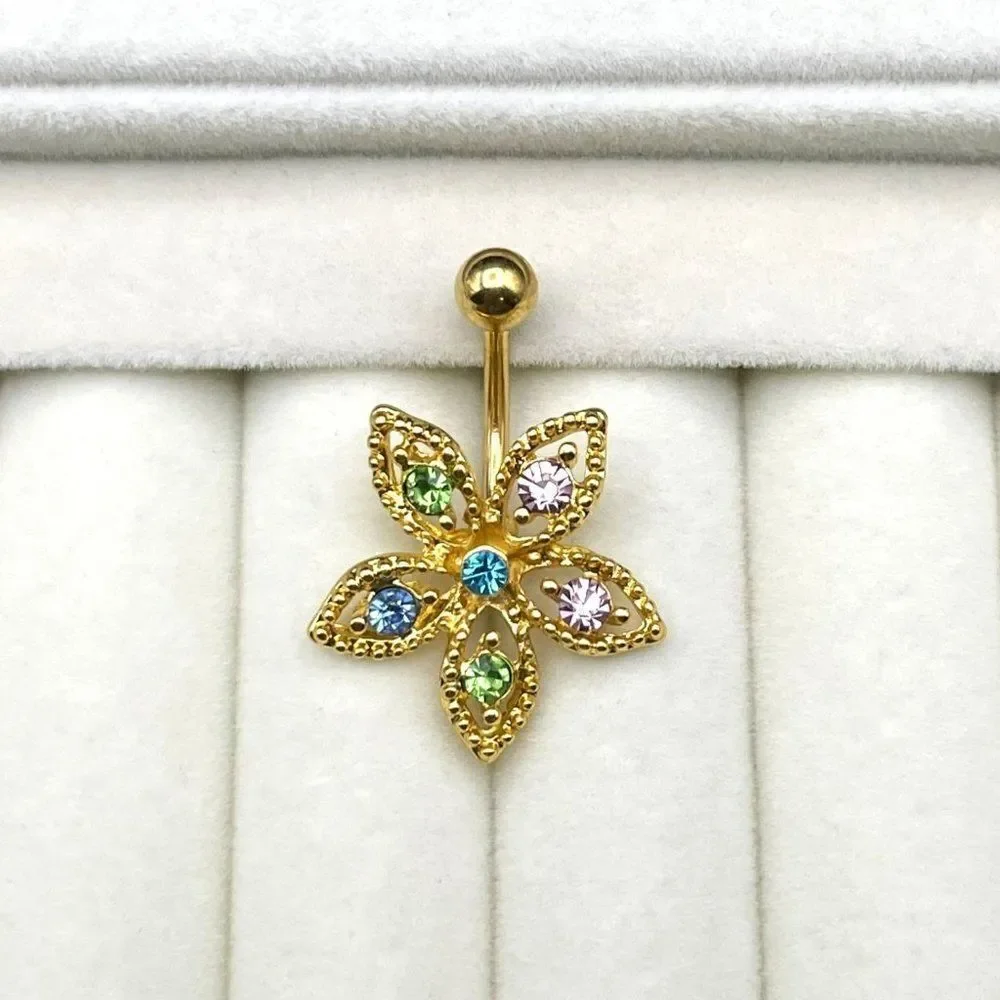 316L Stainless Steel with Multocolored Cubic Zirconia Flower 14G Belly Ring